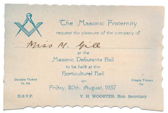 Invitation card for Mary Gill for the Masonic Debutante Ball August 1937 in the Horticultural Hall