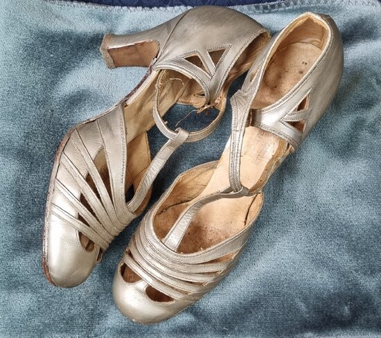 Silver dance shoes of Mary Gill from her Debutante Ball August 1937 in the Horticultural Hall