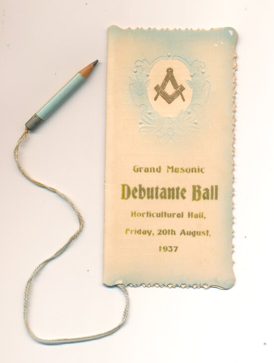 Dance card with Pencil for Mary Gill for Debutante Ball August 1937 in the Horticultural Hall