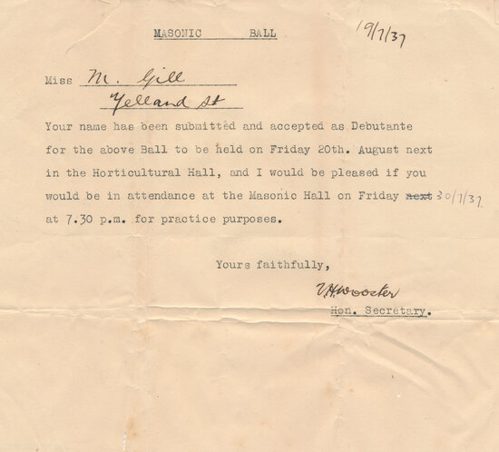 Acceptance Letter for Mary Gill for Debutante Ball August 1937 in the Horticultural Hall