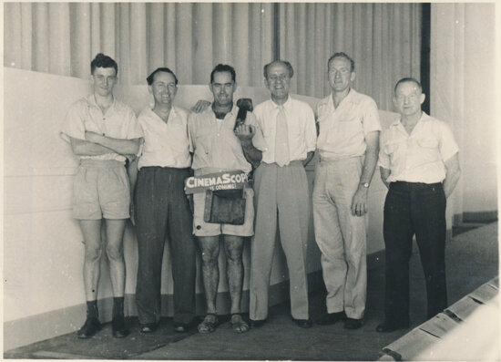 Theatre staff in front of new Stage and Proscenium of the Regent Theatre in the early 1950&rsquo;s