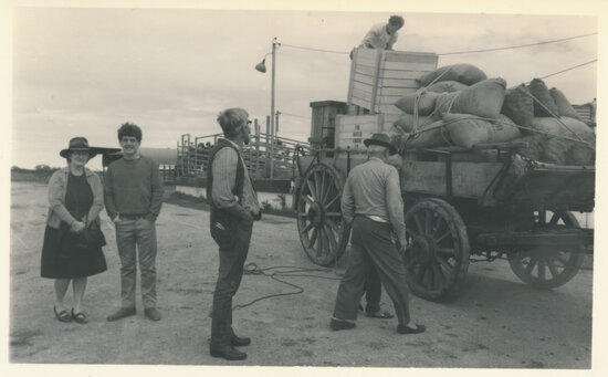 Gladys Chappel with actors Simon Burke &amp; Michael Craig watching a wagon get loaded on the set of &lsquo;The Irishman&rsquo; movie, Dalrymple Saleyards 1977