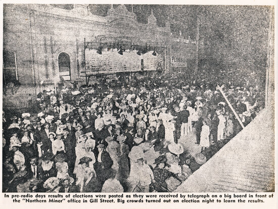 Large crowd gathered outside the &lsquo;Northern Miner&rsquo; - Election Night circa 1910