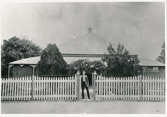 Man Standing in Front of Robert Russell&rsquo;s Residence, Cnr Anne/Mary Street