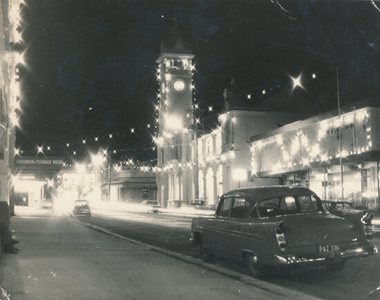 Gill Street looking towards the Post Office, illuminated for the Centenary