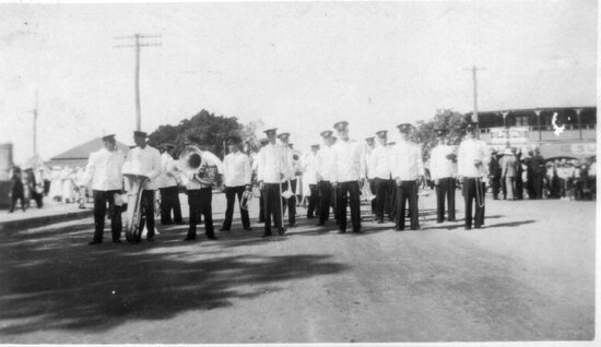 Concert Band in Gill Street in Front of Sunburst Hotel on Coronation Day, 1953