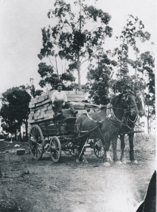Wagon with load of dressed timber beside rail lines