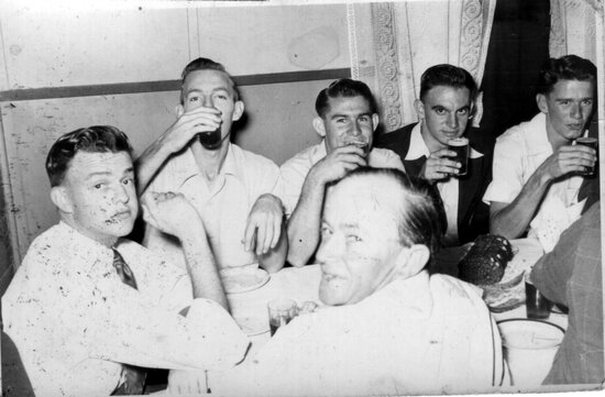 Six men drinking at Jones Hotel with Ken Sellars
