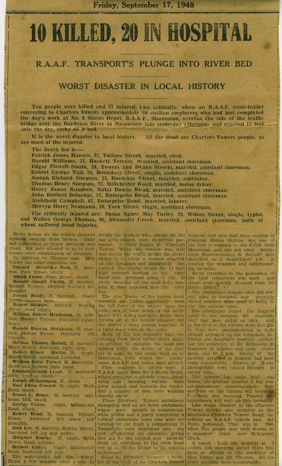 Newspaper article reporting Macrossan Smash, 17/9/1948