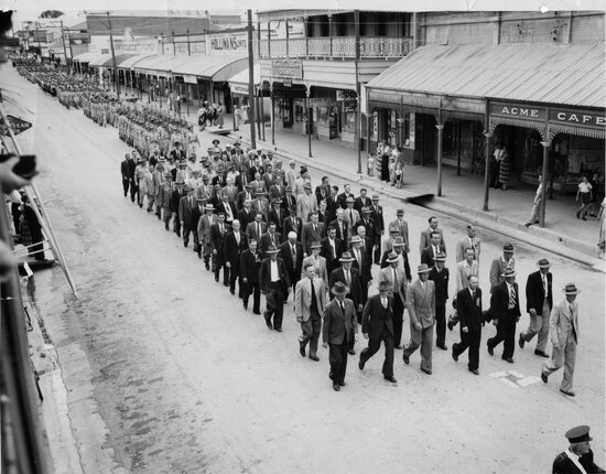 Returned Soldiers in Anzac Day March, 1955, Gill Street, taken opposite Acme Cafe