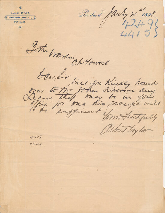 Albert Taylor, Railway Hotel, Pentland Letterhead, 1898