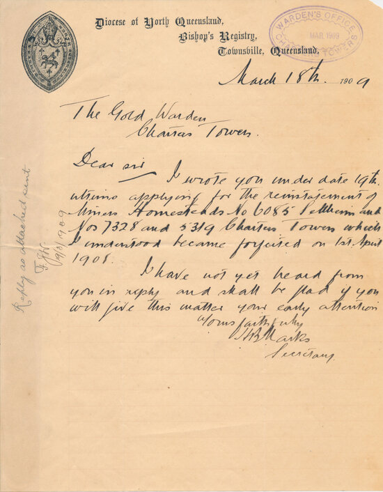 Diocese of North Queensland, Bishop Registry, Townsville, Queensland Letterhead, 1909