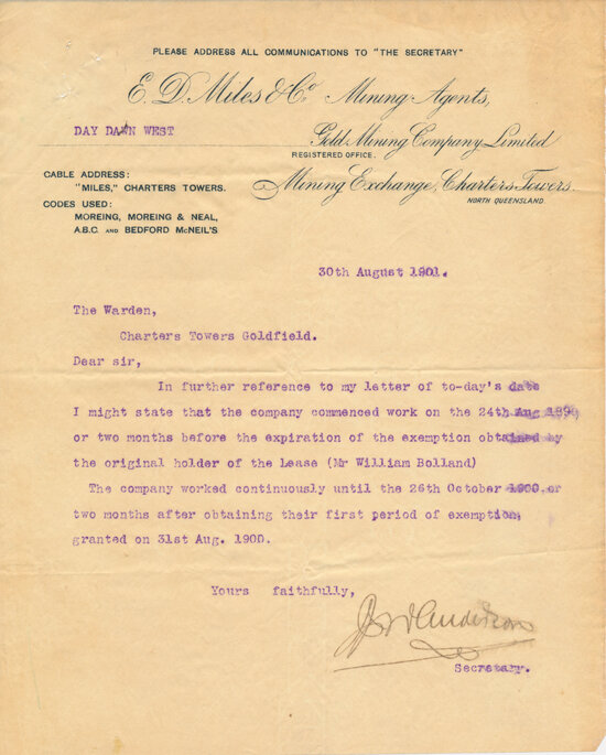 ED Miles and Co Mining Agents, Letterhead, 1901