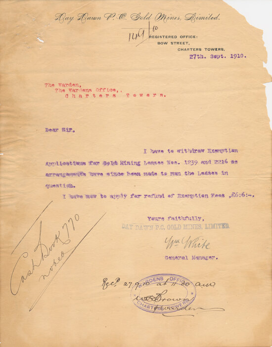 Day Dawn PC Gold Mine Limited Letterhead, 1910