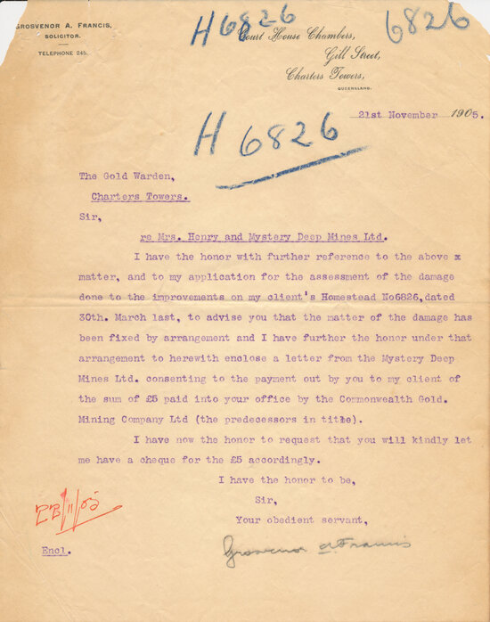 Grosvenor A Francis, Court House Chambers, Gill Street Charters Towers Letterhead, 1897