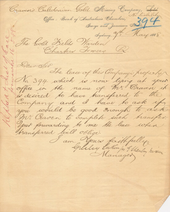 Craven&rsquo;s Caledonian Gold Mining Company Letterhead, 1888