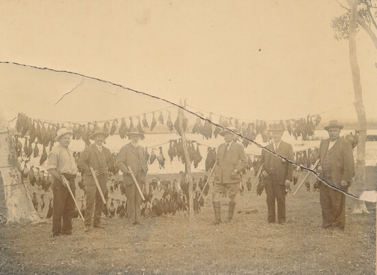 Qld Governor Lord Chelmsford with Joe Millican and others, duck shooting at Powlathanga Lake