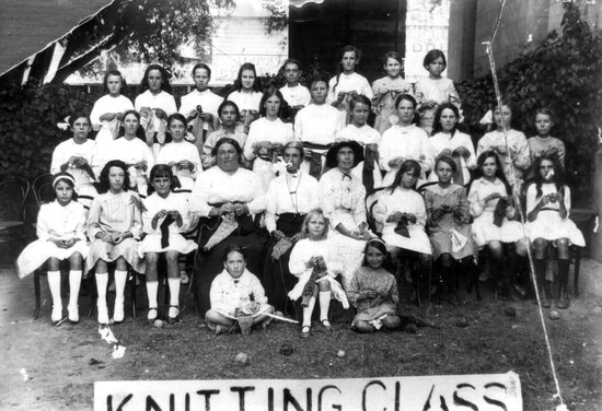 Knitting Class in the Grounds of the Town Hall, Gill Street circa WW1