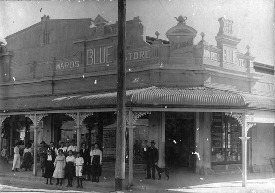 Staff standing in front of Ward's Blue Store, 1915