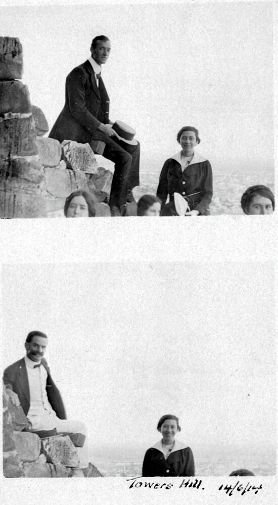 People sitting on the remains of Pyrites Works, Towers Hill