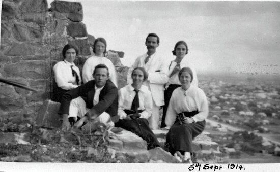 A group of men and women on the ruins of the Pyrites Works, Towers Hill