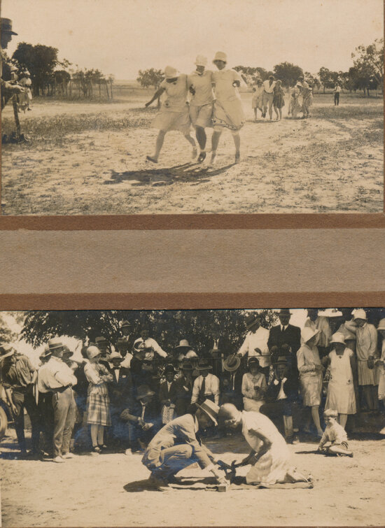 2 photos: Three Legged Race at the Natal Downs Race Meeting, A woman hammering a piece of timber in front of crowd at Natal Downs Race meeting