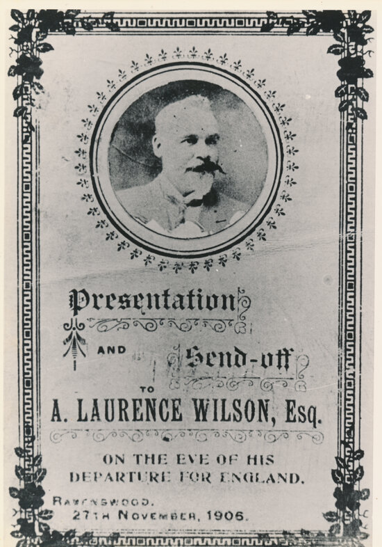 Invitation for Presentation &amp; send off for A Laurence Wilson Esq, Ravenswood (Cover)