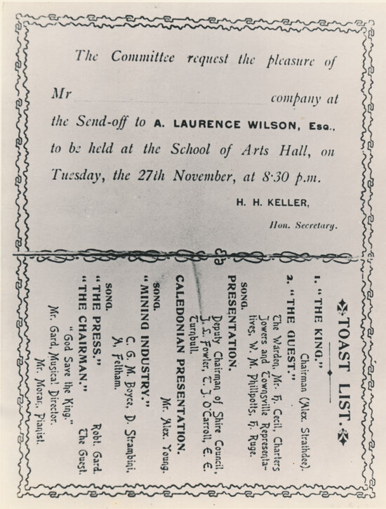 Invitation to send off for A Lawrence Wilson Esq, Ravenswood (Contents)