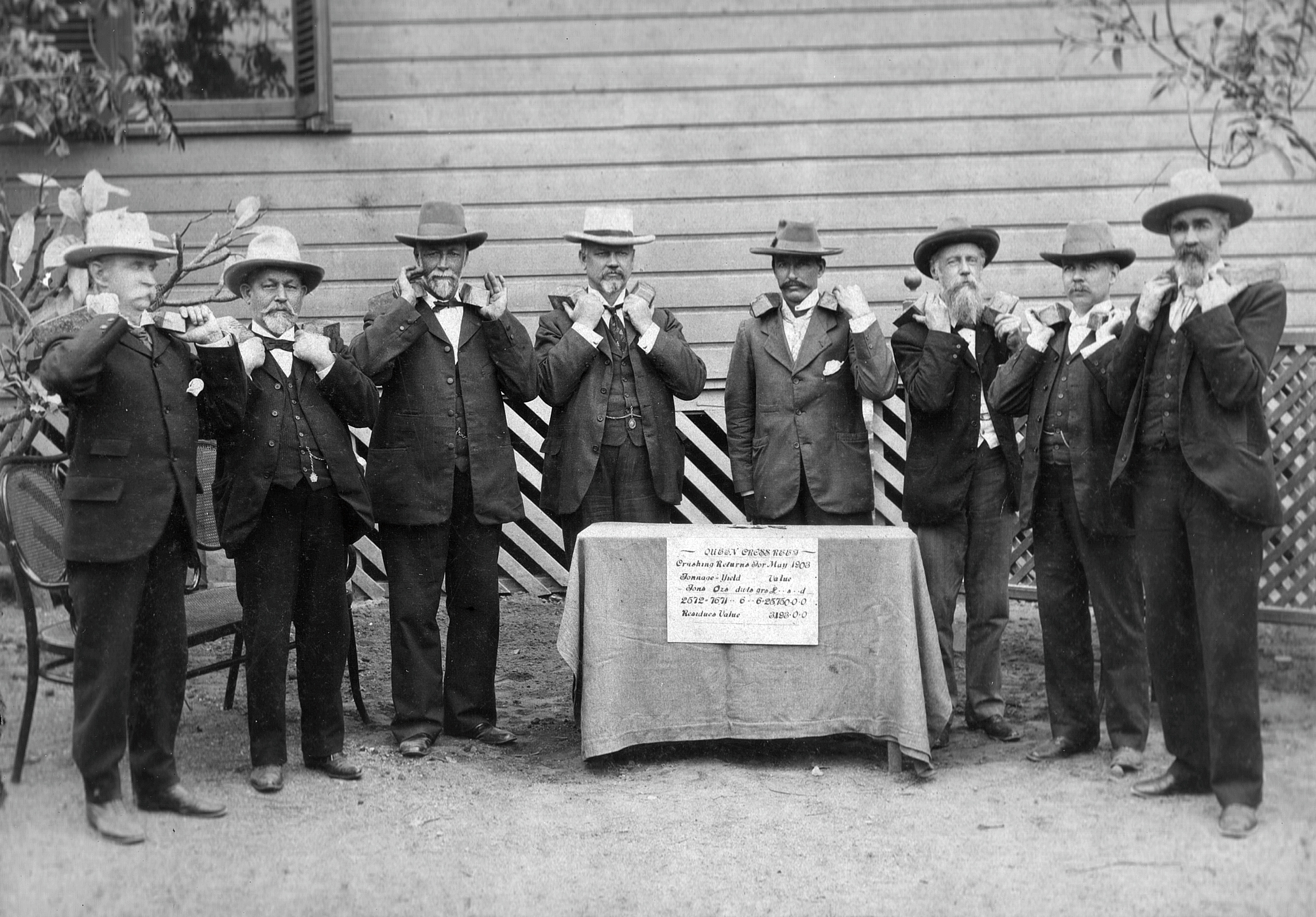 Queen Cross Reef Mine Return, Showing Eight Men Holding the Crushing Returns for May, 1903