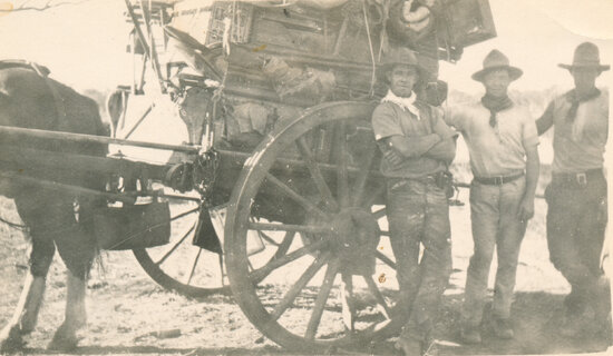 Three Bushmen Standing Beside a Heavily Laden Horse Drawn Cart