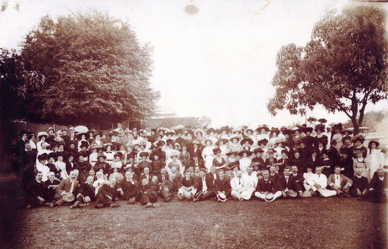 Group assembled to bid goodbye to Mr and Mrs Miles upon their leaving Charters Towers, 1904