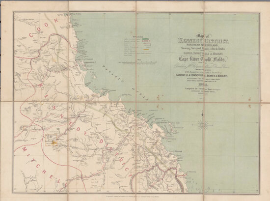 Map of the Kennedy district, Northern Queensland showing surveyed roads &amp; bush tracks from Bowen, Townsville &amp; Mackay, to the Cape River Goldfields