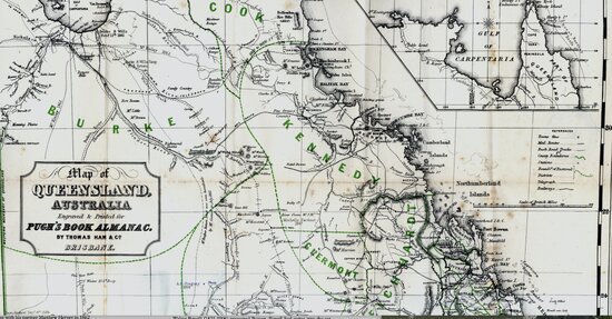 Map of Queensland Australia - engraved and printed for Pugh&rsquo;s book almanac by Thomas Han, Brisbane