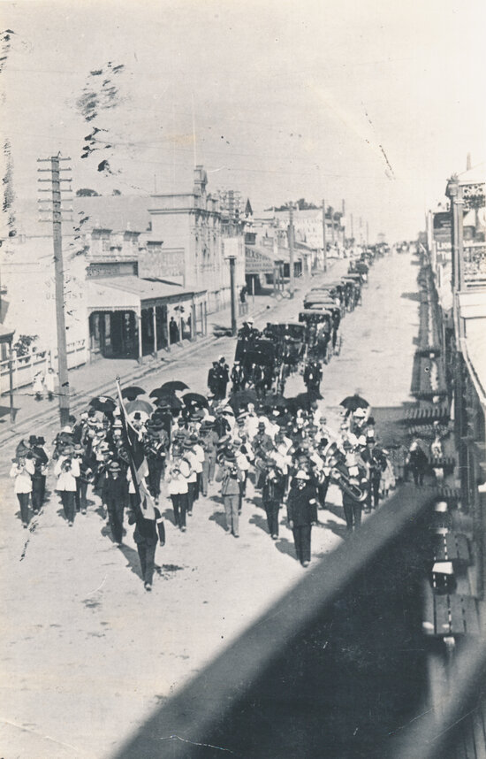 C Webber Funeral procession, near Police station Gill Street, looking east