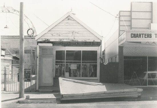 Thrift Shop in Gill Street with front awning removed (beside MU Hall entrance)