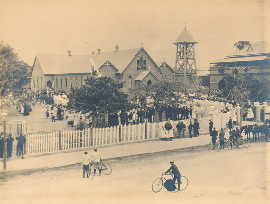 Crowd outside the St Columbas Catholic Church, Gill St