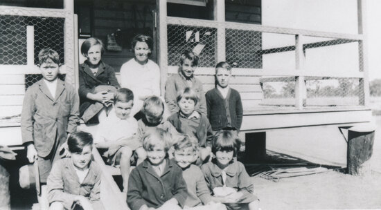School at Pumping Station, Weir - students on steps of verandah