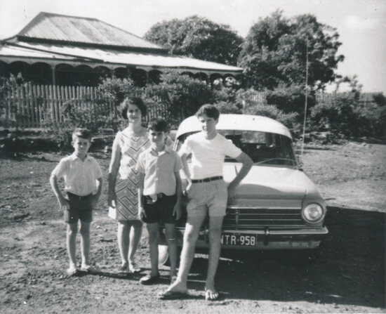 Tony, Richard and Jeffrey Bell with ? in front of Sisters of Mercy Convent, Ravenswood