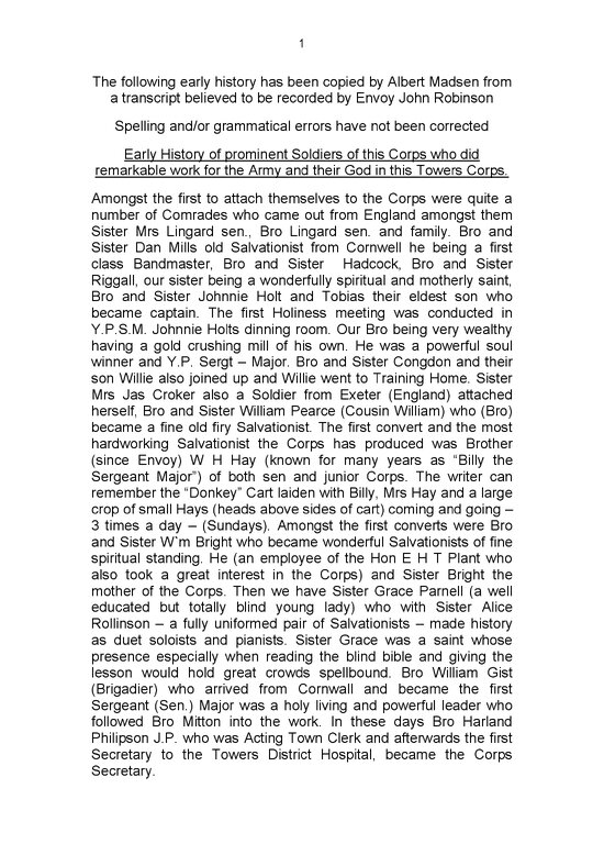 Early History of prominent Soldiers of this Corps who did remarkable work for the Salvation Army and their God in this Towers Corps