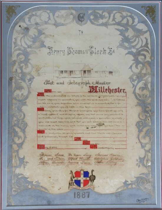 Henry Thomas Clark, Post Master at Millchester, certificate of appreciation