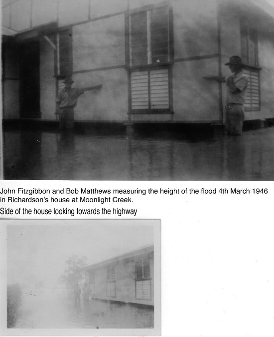 John Fitzgibbon and Bob Matthews measuring height of flood 1946 on Richardson&rsquo;s house, Moonlight Creek