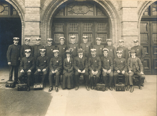 Group of Ambulance Bearers and Officers outside Q.A.T.B Head Centre, Brisbane