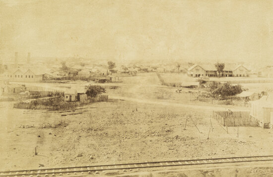Boys State School (State High School) and Mills Day Dawn mine viewed from Myles Lane c1890s