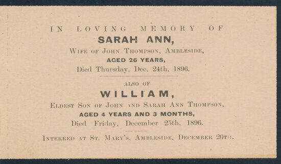 Funeral Card of Sarah Ann Thompson and William Thompson