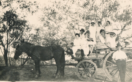 Friends and Family in Alfred Jenkin&rsquo;s Aerated Water Delivery Cart at the Burdekin River (?)