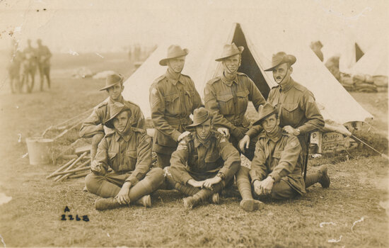 7 Soldiers in front of tent, World War One, WW1
