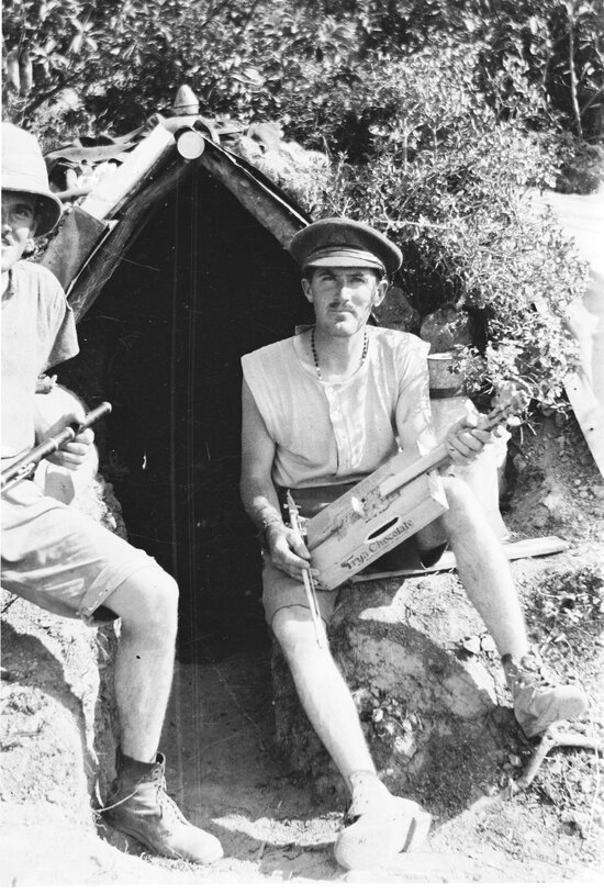 Pilcher with his Chocolate Box Violin, Gallipoli, 1915