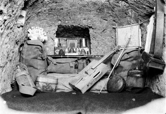 Pilcher&rsquo;s Chocolate Box Violin and equipment in dugout, Gallipoli, 1915