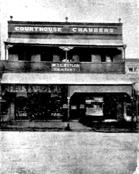 Courthouse Chambers, Mr. T. E. Butler Dentist&rsquo;s Office upstairs &amp; A. Davison Bootmaker/Shield&rsquo;s Towers Boot Palace downstairs, 1900