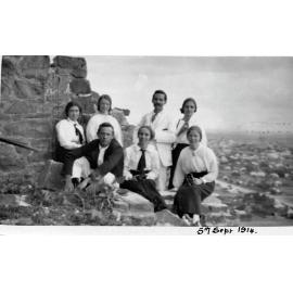 A group of men and women on the ruins of the Pyrites Works, Towers Hill